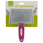 Pet slicker brush with pink handle on a white background