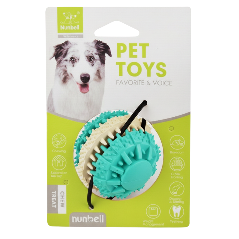 Dog toy with packaging featuring a dog and 'nunbell' branding.