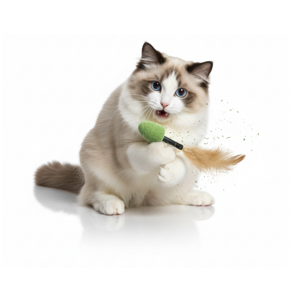 Cat playing with a toy on a white background