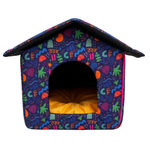 Colorful patterned pet house with a yellow interior on a white background