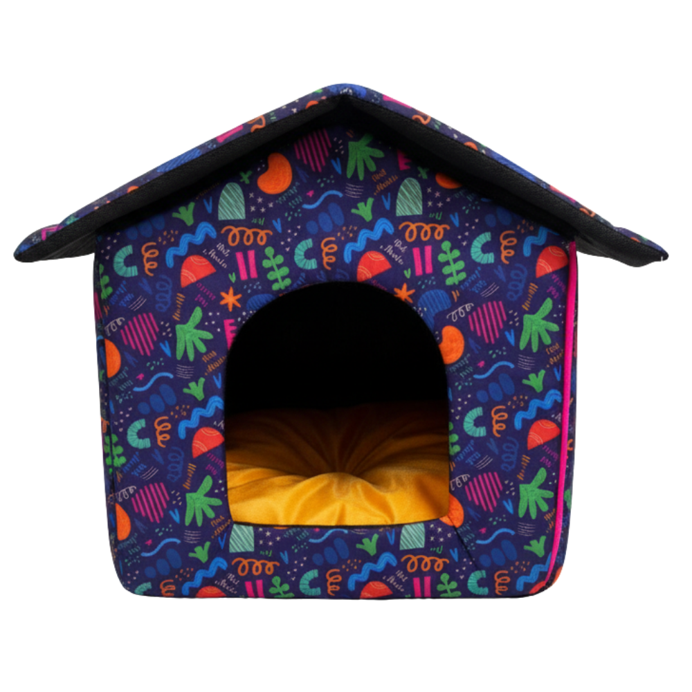 Colorful patterned pet house with a yellow interior on a white background