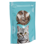 Cat food package with a cat's face on the label against a white background