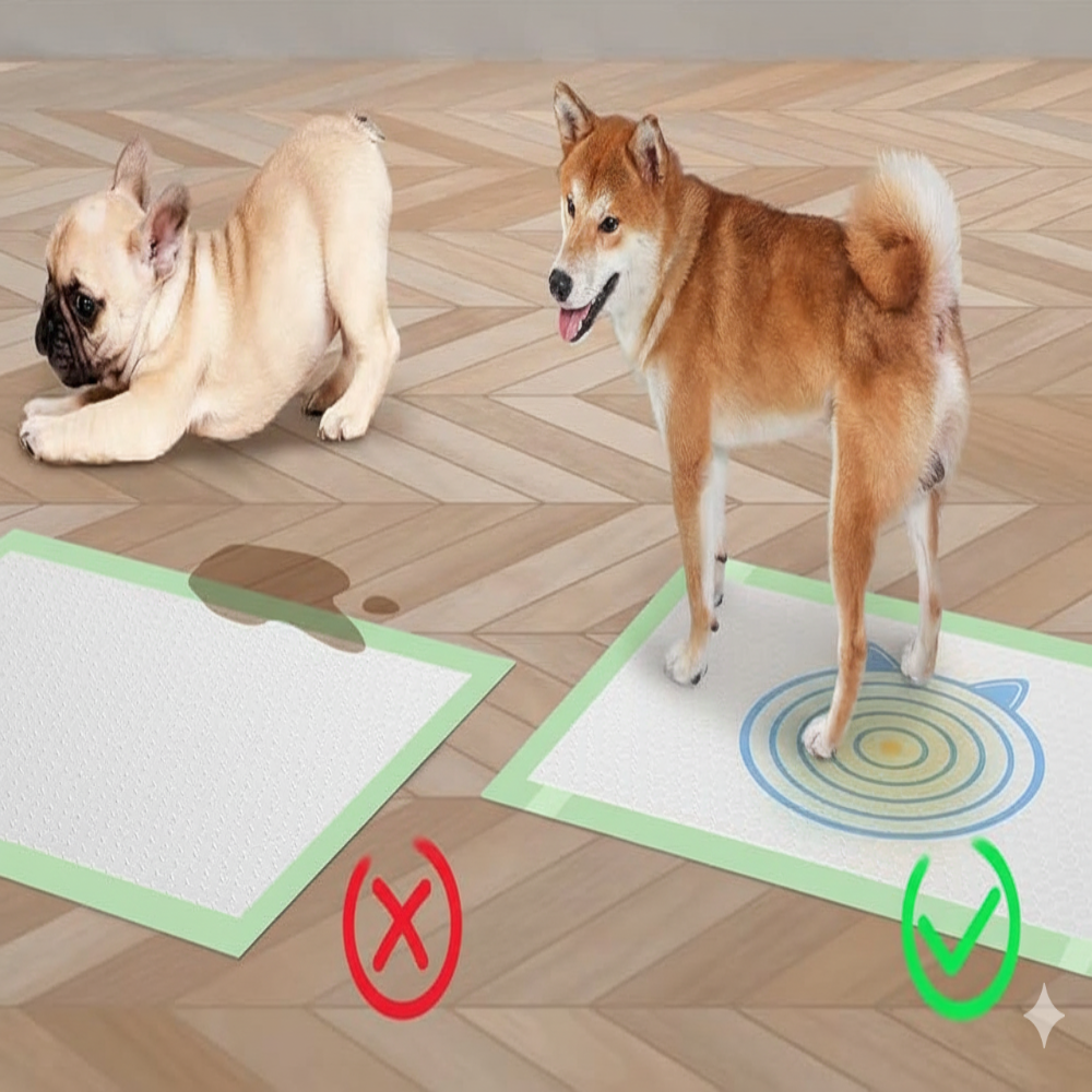 Two dogs on mats with a diagram showing correct and incorrect positions.