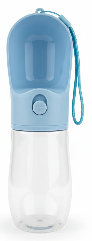 Clear water bottle with a blue cap and handle on a white background
