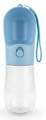 Clear water bottle with a blue cap and handle on a white background