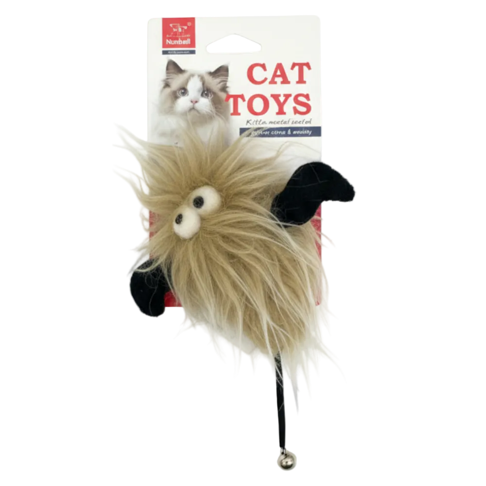 Cat toy with fluffy beige body and black ears on a white background