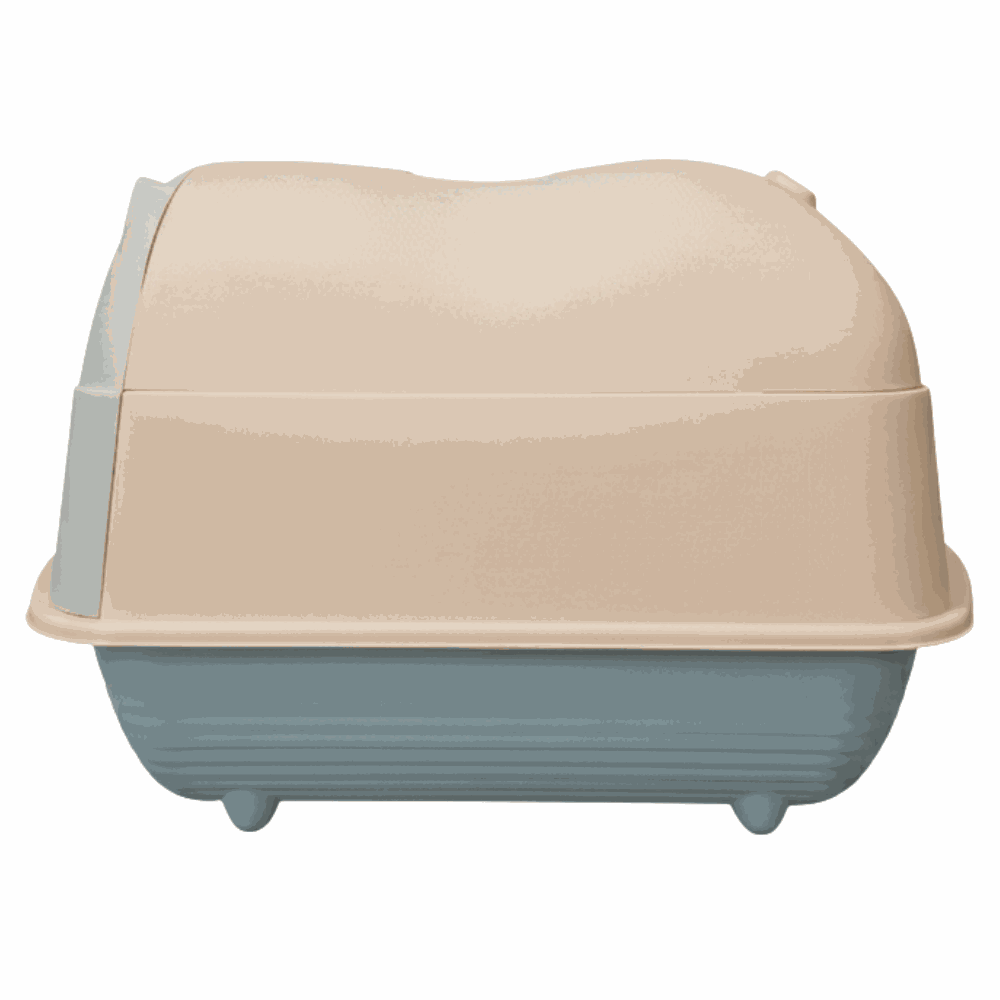 Pet litter box with beige top and blue base on a white background