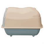 Pet litter box with beige top and blue base on a white background