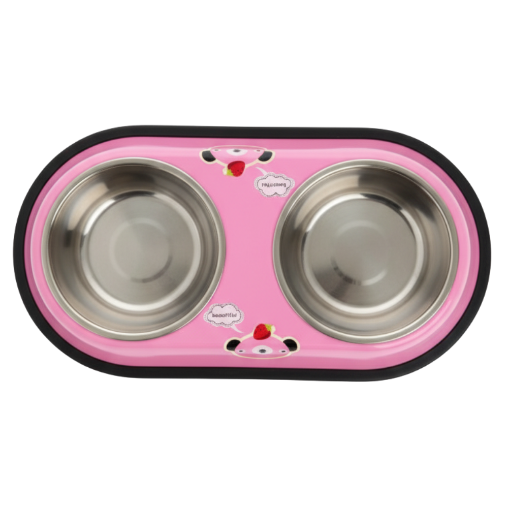 Pink pet bowl with two stainless steel compartments on a white background