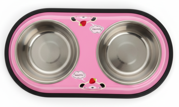 Pink pet bowl with two stainless steel compartments on a white background