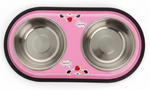 Pink pet bowl with two stainless steel compartments on a white background