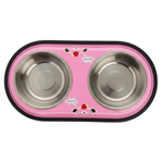 Pink pet bowl with two stainless steel compartments on a white background