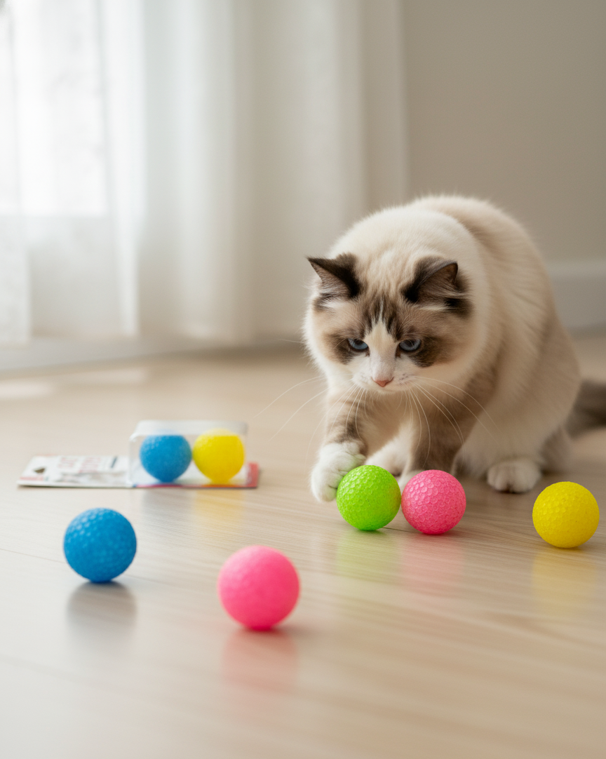 Cat playing with colorful balls on a wooden floor