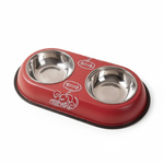 Red double-bowl pet feeder with stainless steel bowls on a white background