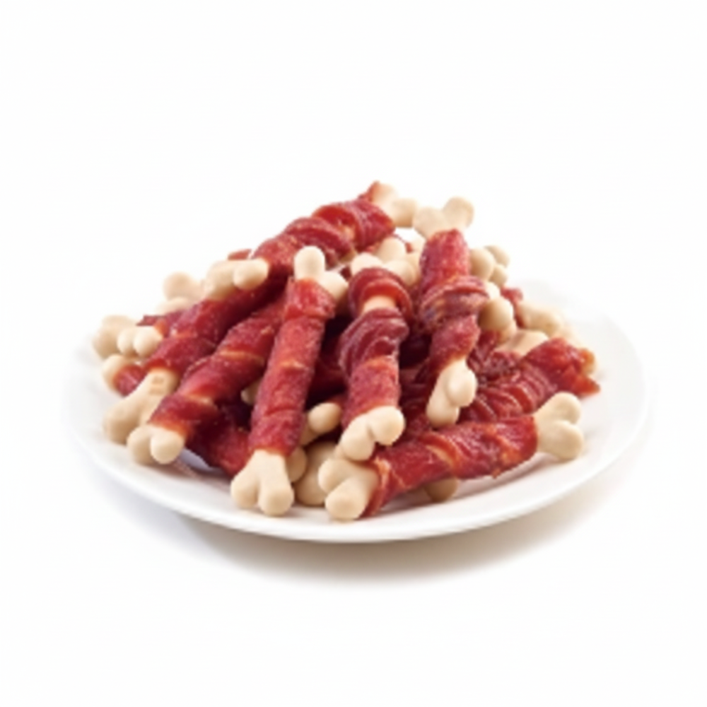 Plate of raw meat sticks on a white background