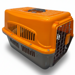 Orange and gray pet carrier on a white background