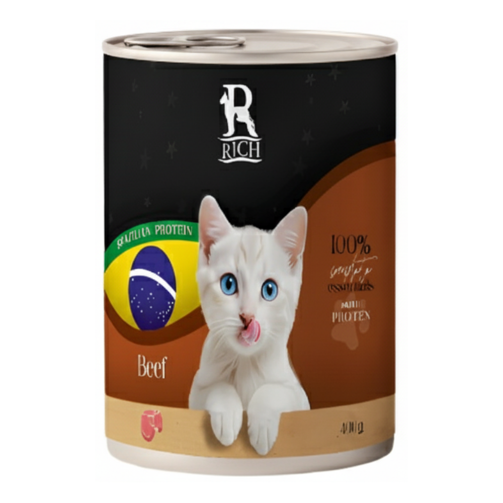 Can of Rich cat food with a white cat on the label