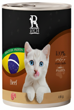 Can of Rich cat food with a white cat on the label