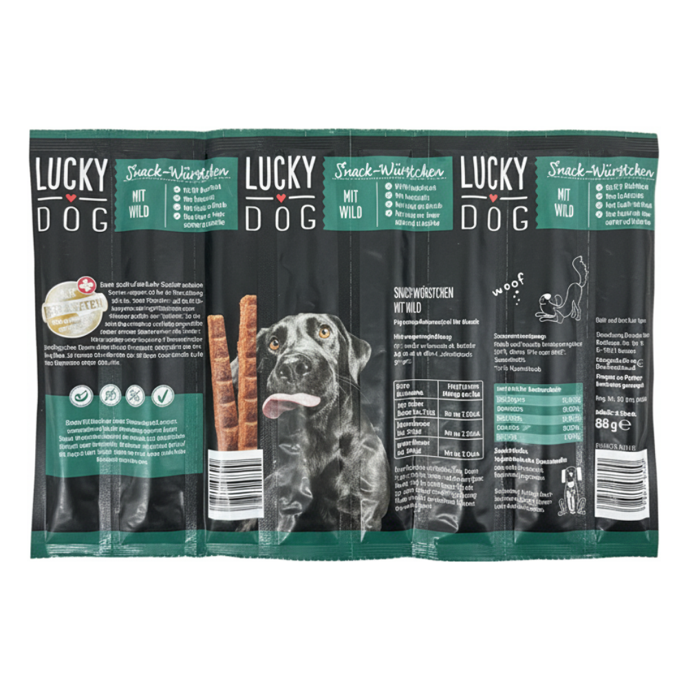 Packaging of Lucky Dog snack sticks with a dog on the label
