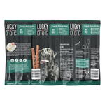 Packaging of Lucky Dog snack sticks with a dog on the label