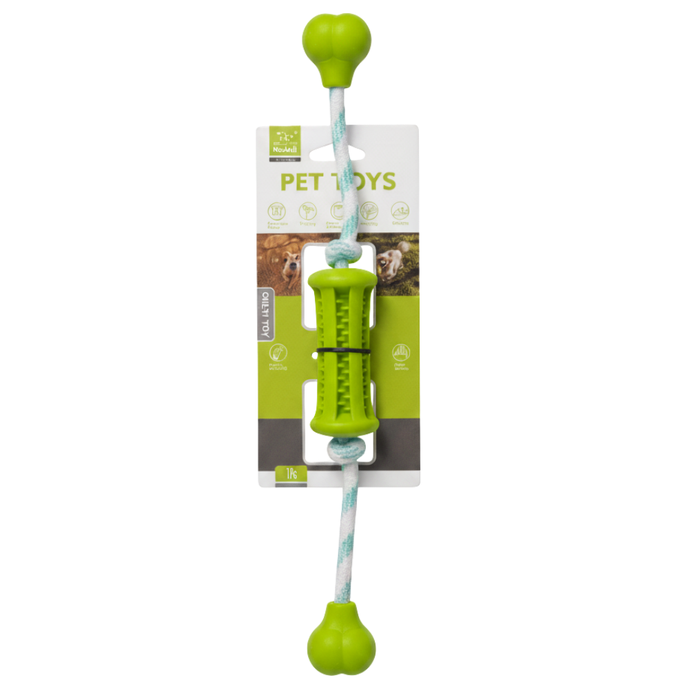 Green pet toy with packaging on a white background