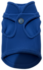 Blue dog sweater with a button on a white background