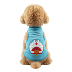 Dog wearing a blue vest with a cartoon character on a white background