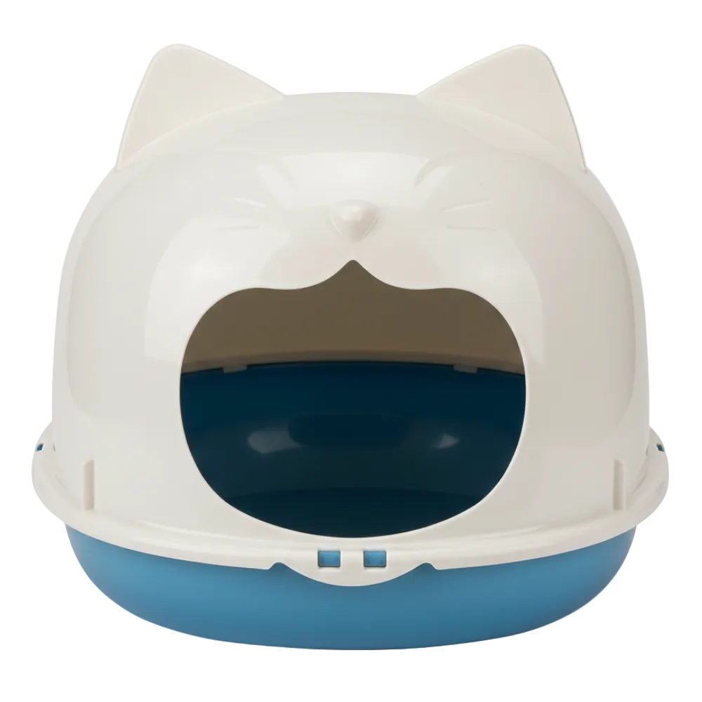 Cat-shaped litter box with white top and blue base on a white background