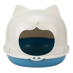 Cat-shaped litter box with white top and blue base on a white background