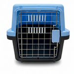Pet carrier with blue top and black bottom on a white background