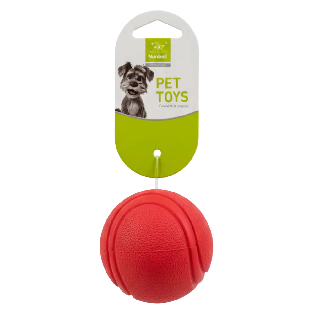 Red dog toy with a Nubbell brand label on a white background