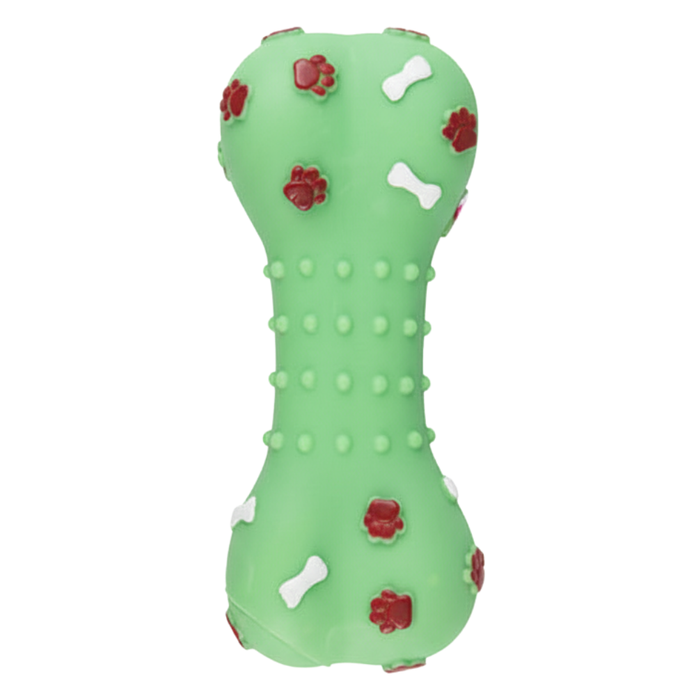 Green dog toy with red paw prints and white bone patterns on a white background