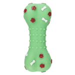 Green dog toy with red paw prints and white bone patterns on a white background