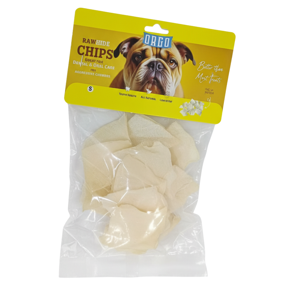 Package of Oreo Rawhide Chips for dogs with a yellow label featuring a dog's face.