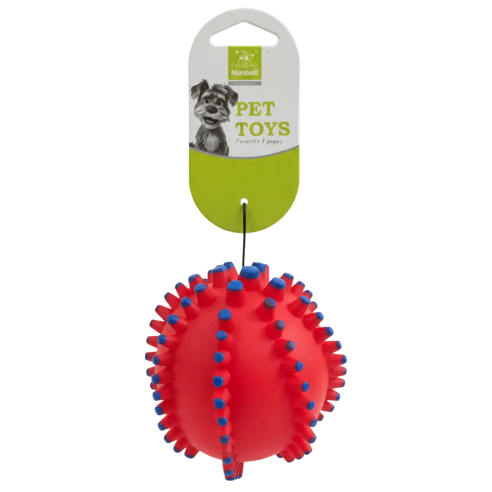 Red and blue spiky ball pet toy with a Hartz label on a white background