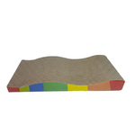 Colorful corrugated cardboard cat scratcher with close-up of material texture on a white background