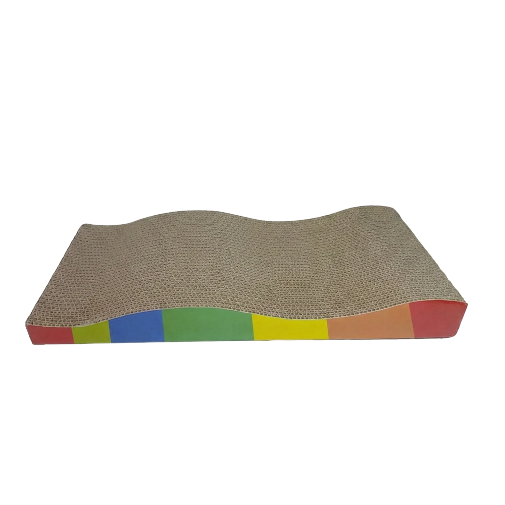 Colorful corrugated cardboard cat scratcher with close-up of material texture on a white background