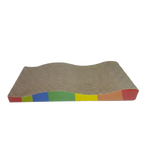 Colorful corrugated cardboard cat scratcher with close-up of material texture on a white background