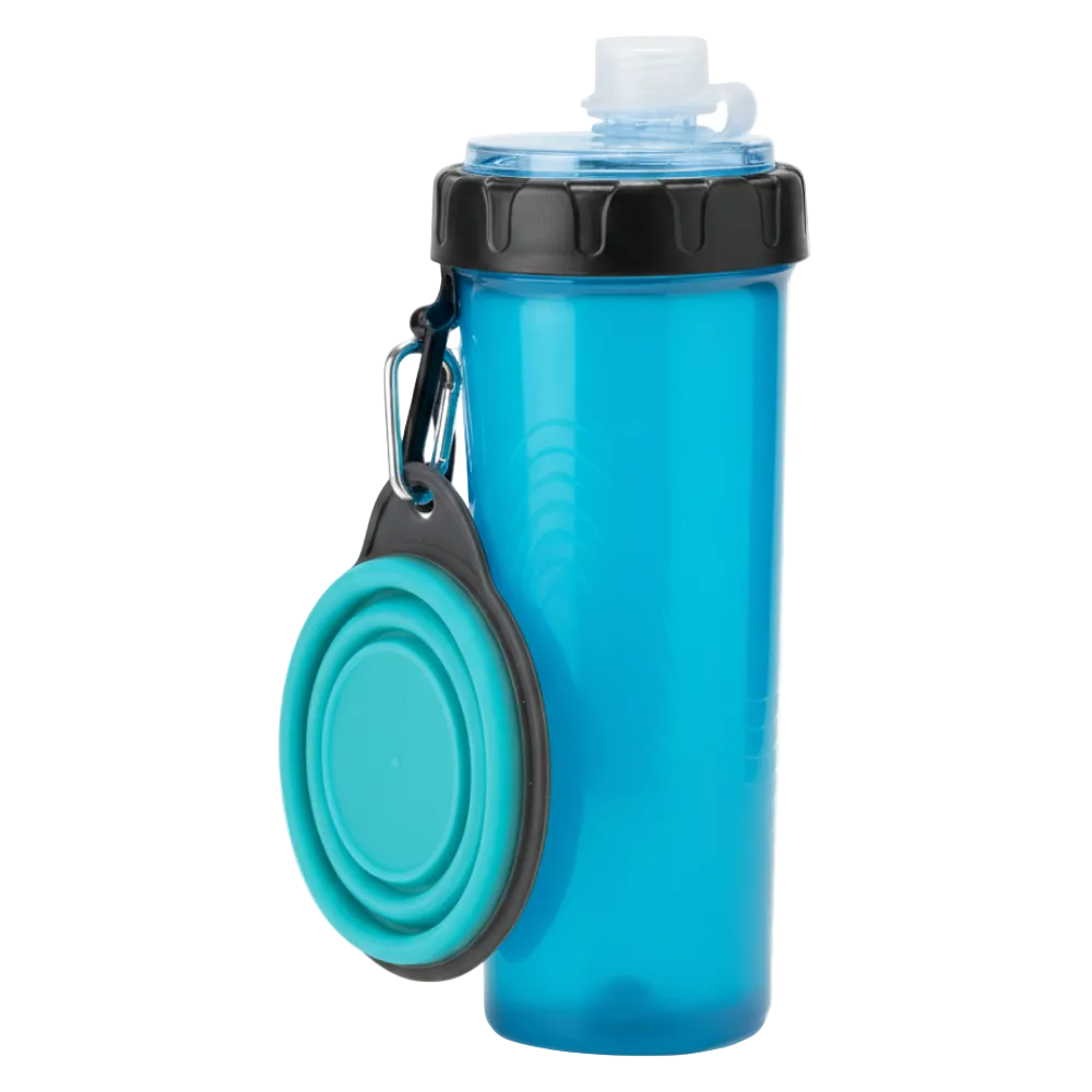 Blue water bottle with black cap and teal lid on a white background