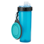 Blue water bottle with black cap and teal lid on a white background