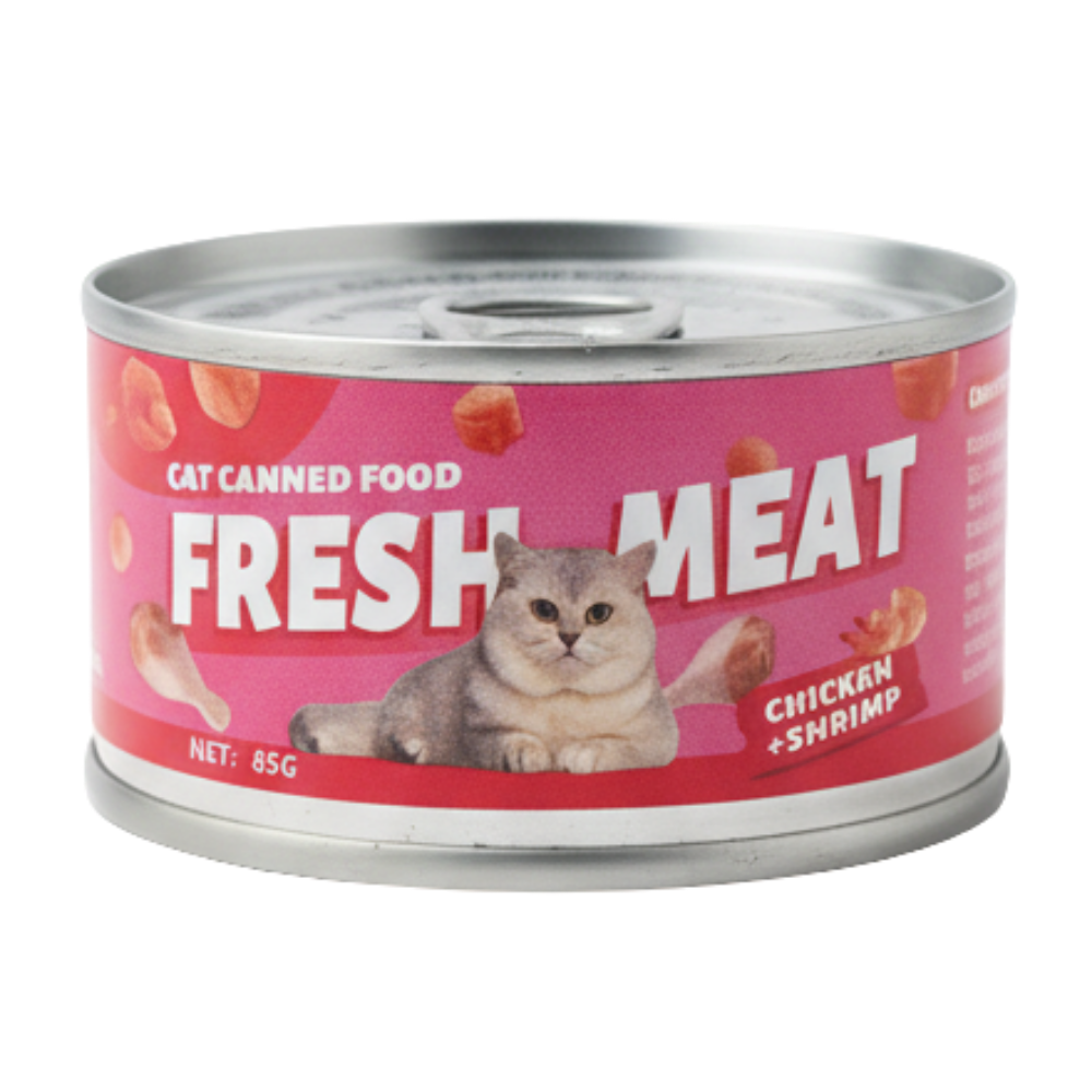 Canned cat food with 'Fresh Meat' label on a pink background