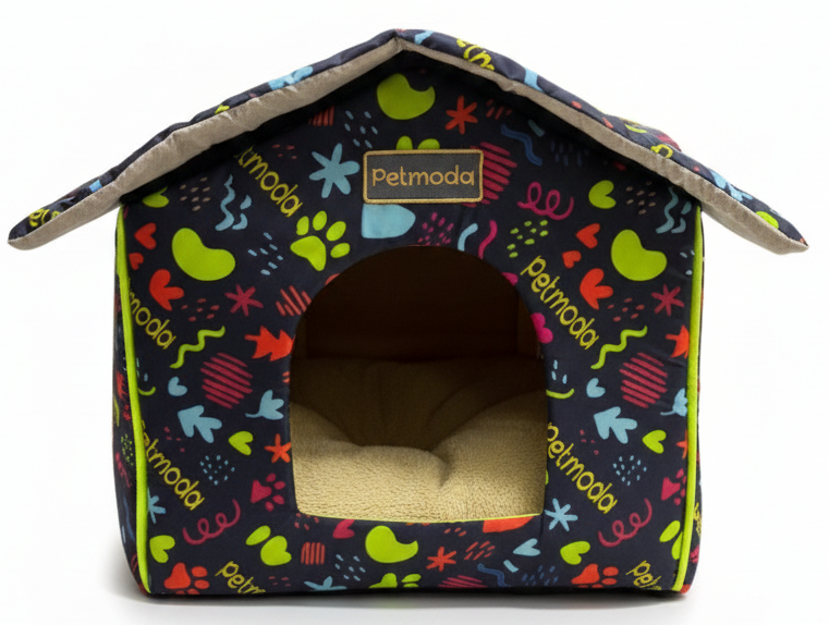 Dog house with colorful pattern on a white background