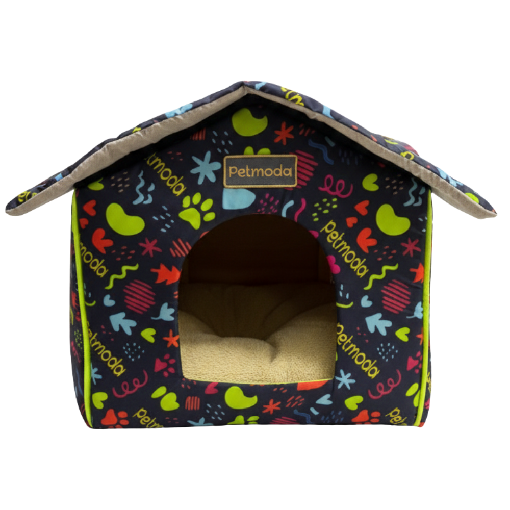 Dog house with colorful pattern on a white background