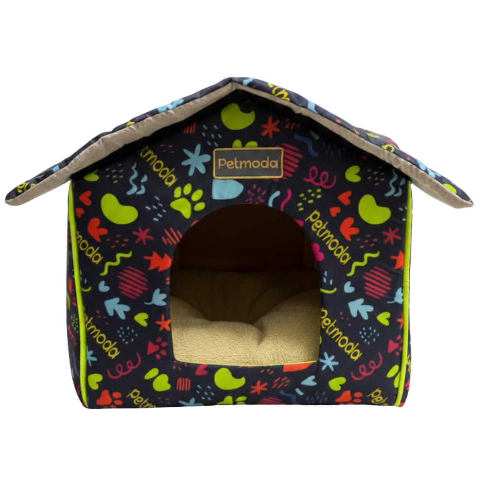 Dog house with colorful pattern on a white background
