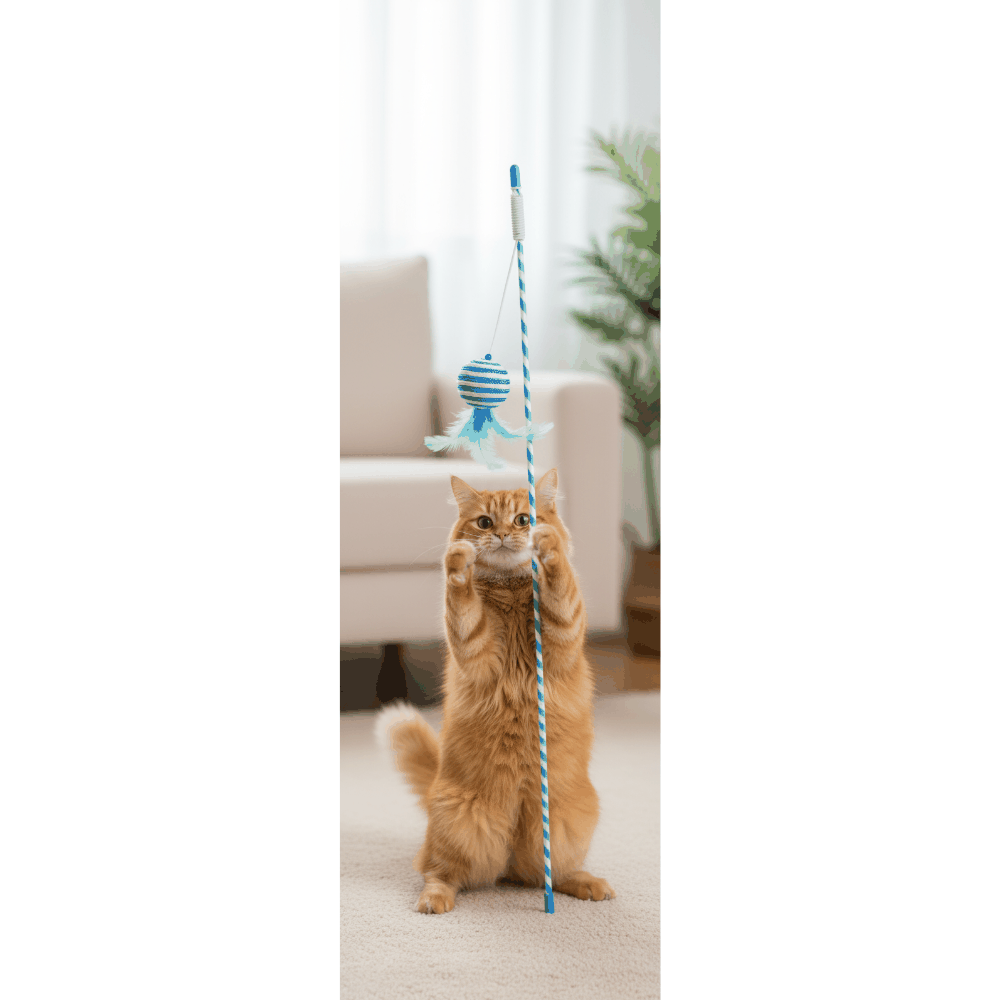 Cat playing with a toy on a carpeted floor in a living room.