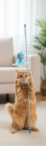 Cat playing with a toy on a carpeted floor in a living room.