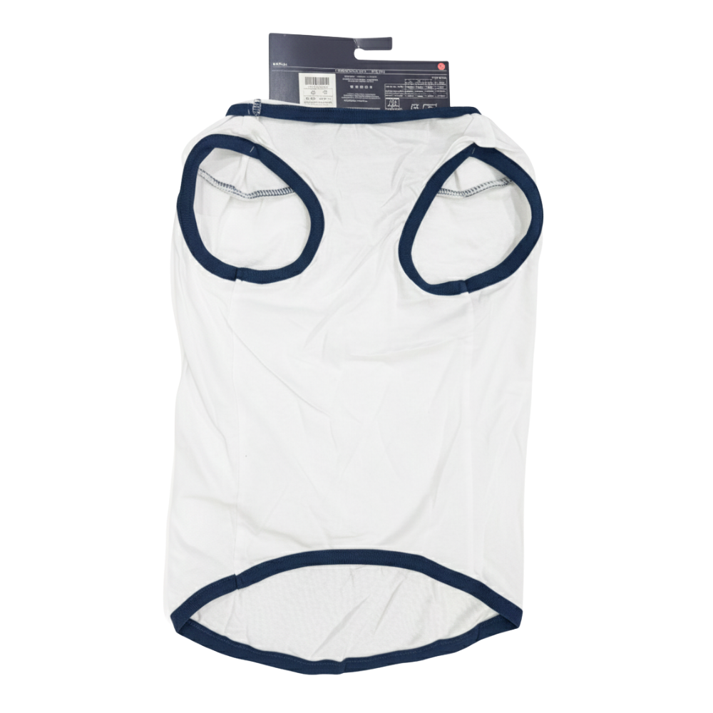 White dog coat with navy trim on a white background