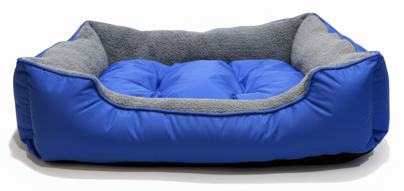 Blue and gray pet bed on a white background