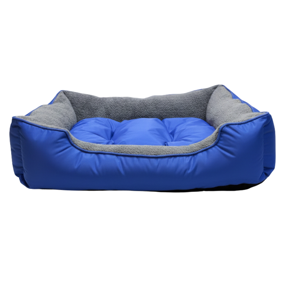 Blue and gray pet bed on a white background