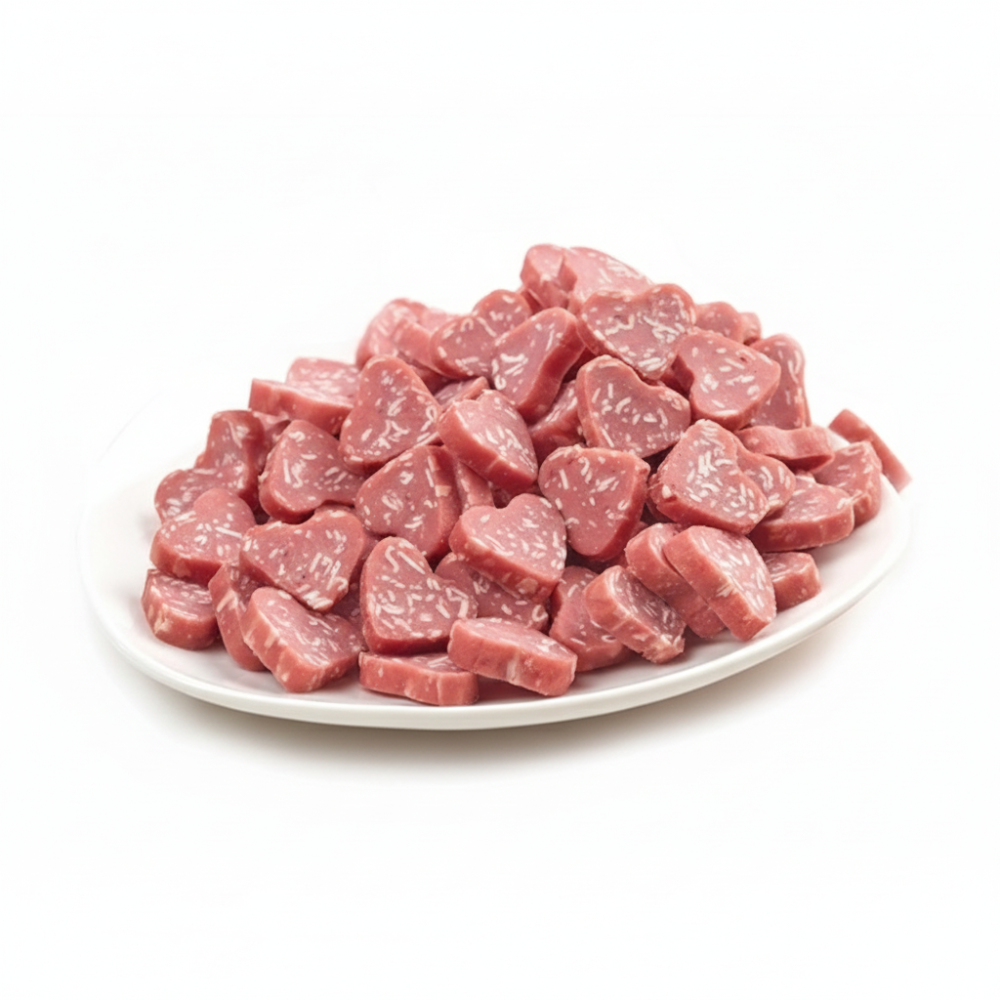 Heart-shaped raw meat pieces on a white plate with a white background